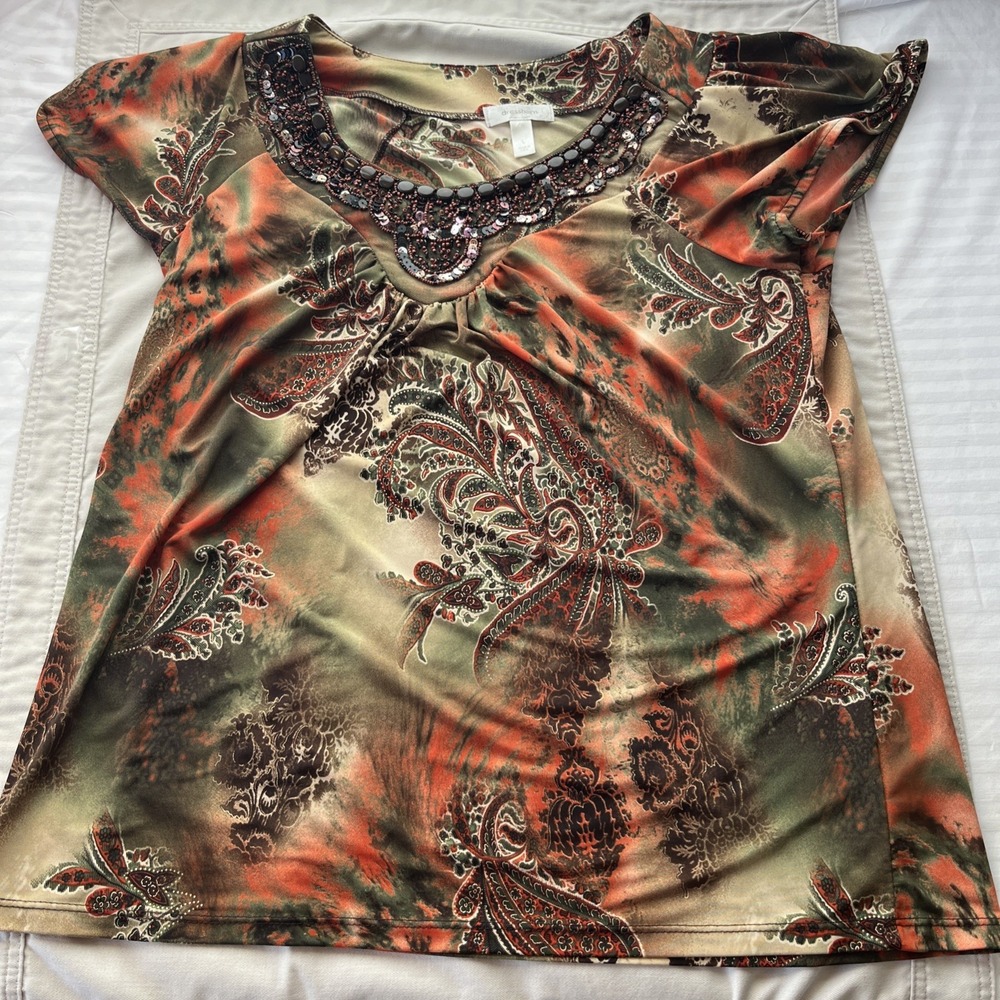 Dress Barn Peach Floral Top Beaded V Neck Sleeveless Blouse Elegant Womens Sz 1X